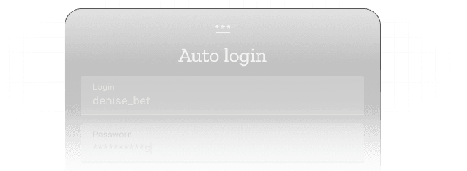 A dialog showing how to setup auto login. Login input is set to 'denise_bet', password is redacted with asterisks.