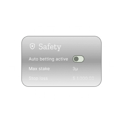 Dialog showing safety features. Auto betting feature switch is turned off. Max stake is set to 3 units. Stop loss is set to 1000$.