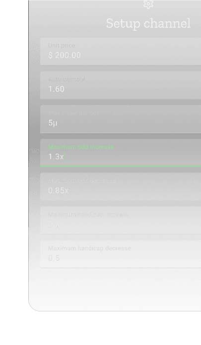 A setup dialog showing how you can configure different stakes for each channel. Unit price input is set to 200$. Auto cashout input is set to 1.60. Max stake per bet input is set to 5u. Maximum odd increase input is set to 1.3x. Maximum odd decrease is set to 0.85x. Maximum handicap increase is set to 0.5. Maximum handicap decrease is set to 0.5.